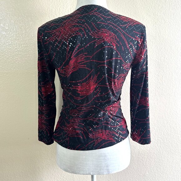 JBS Vintage 90s Black Floral Faux Wrap Sequin Blouse Top - Picture 4 of 5